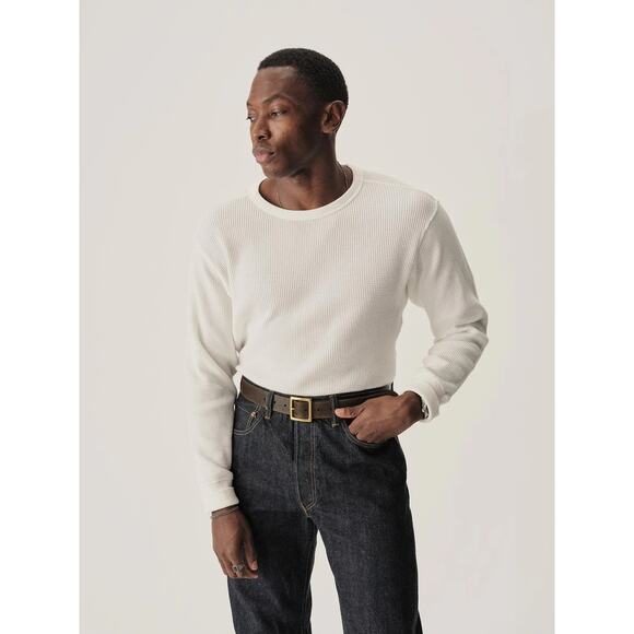 Buck Mason Men's Toughknit Thermal Long Sleeve Heavyweight Crew Shirt in White - Picture 3 of 5